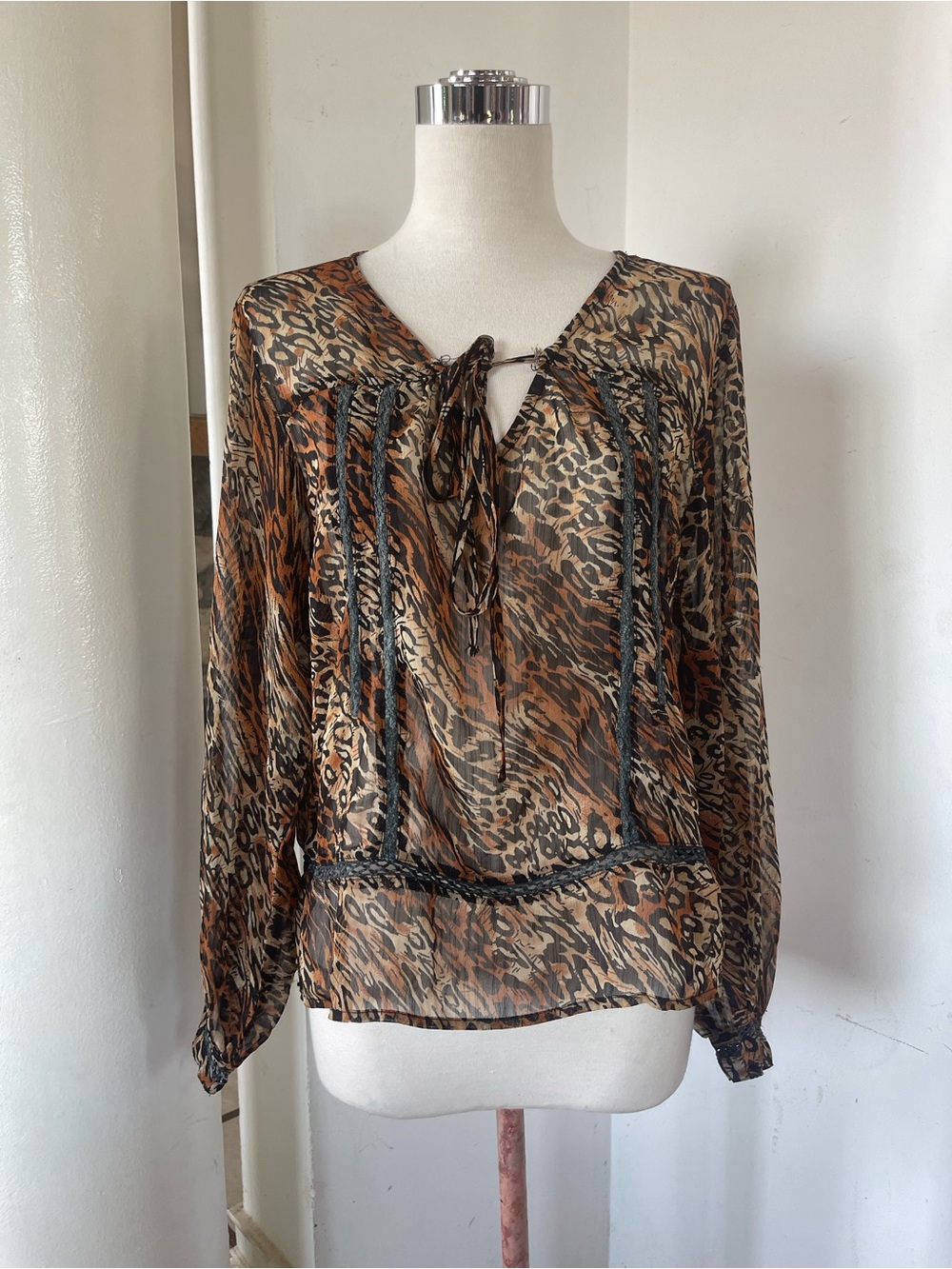 Lucca Couture Brown Leopard-Print Tie-Neck Blouse